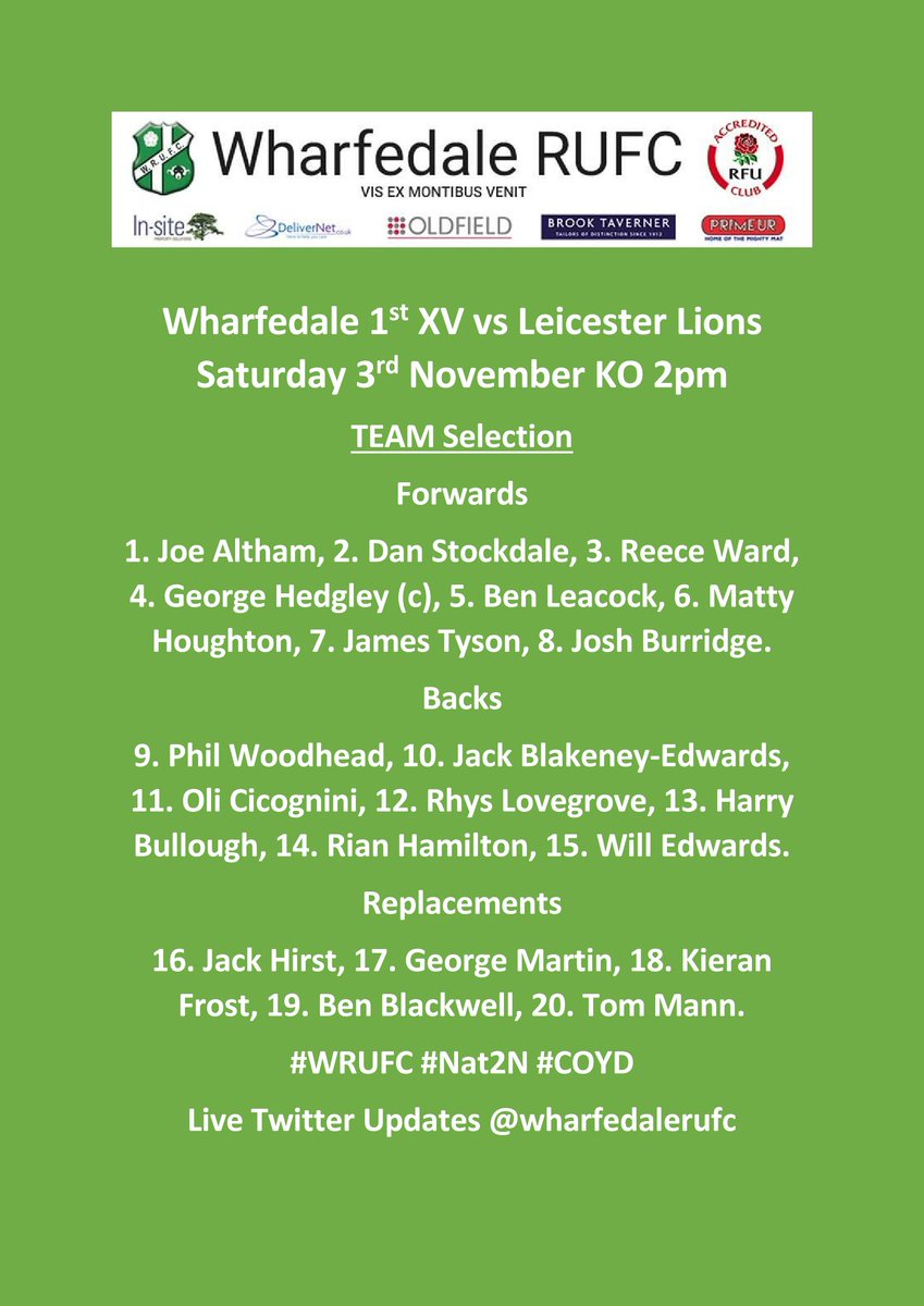 Wharfedale Rufc Team Selection For Tomorrow S 1st Xv Game Vs Leicester Lions