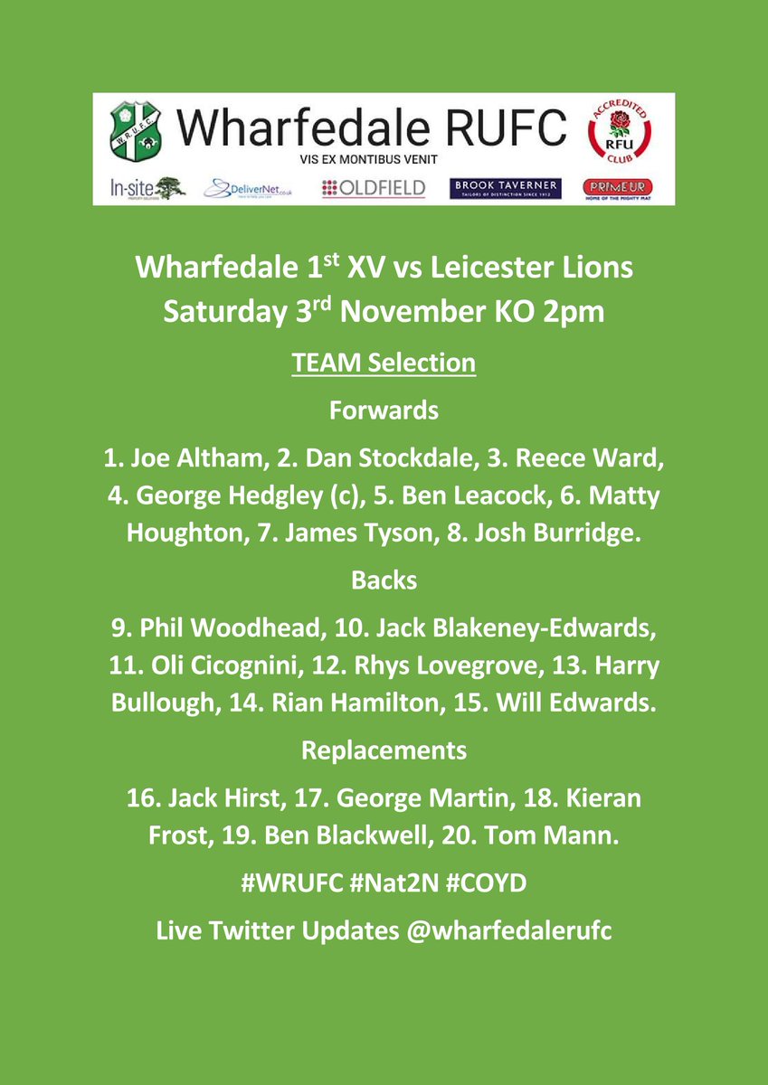 Wharfedale Rufc Team Selection For Tomorrow S 1st Xv Game Vs Leicester Lions Wharfedale Rufc Team Selection For Tomorrow S 1st Xv Game Vs Leicester Lions