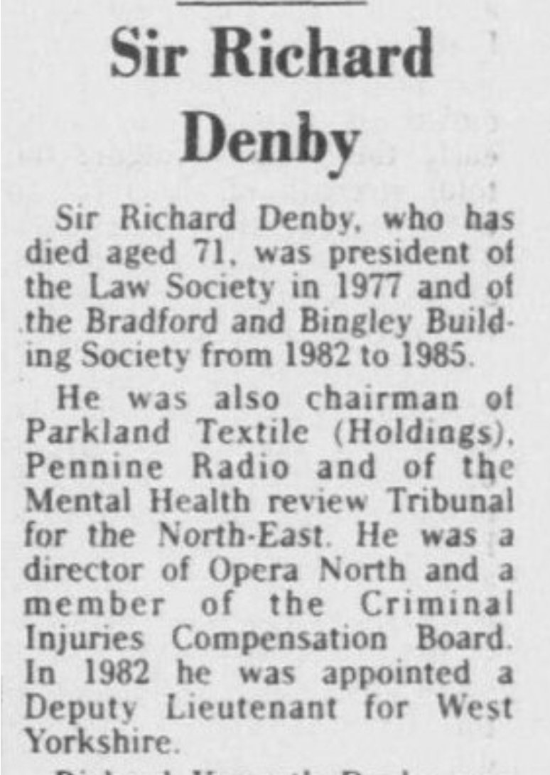 Whilst Bramble was High Sheriff of Greater London, another director at Opera North, Sir Richard Denby, was Deputy Lieutenant for West Yorkshire. Denby's niece Barbara Hewson is said by her erstwhile friend and blogger Anna Raccoon, to have met with Savile's niece Amanda McKenna.