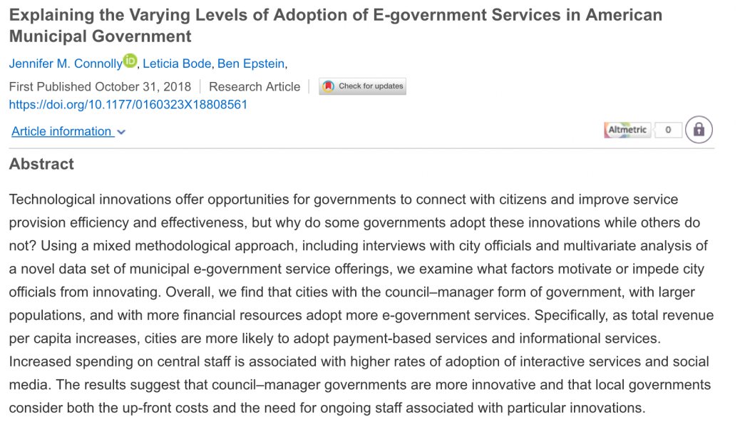Ben Epstein (@benepstein55) on Twitter photo Excited to share a study co-authored w/@LeticiaBode & <a href="/JConLA/">Jennifer Connolly</a> "Explaining the Varying Levels of Adoption of E-Government Services in American Municipal Government," now available! Interesting findings abt why cities offer different types of e-gov services. journals.sagepub.com/doi/pdf/10.117… Excited to share a study co-authored w/@LeticiaBode & <a href="/JConLA/">Jennifer Connolly</a> "Explaining the Varying Levels of Adoption of E-Government Services in American Municipal Government," now available! Interesting findings abt why cities offer different types of e-gov services. journals.sagepub.com/doi/pdf/10.117…