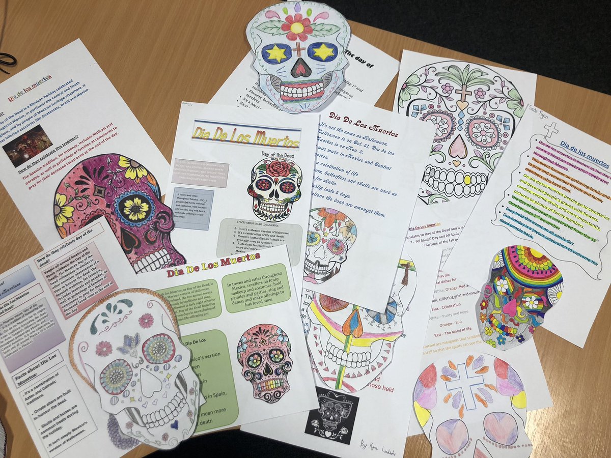 StPatricksMFL's tweet photo. Some lovely work on El Dia de Los Muertos by 8iSp1....let’s see if we can get these up on the wall in the MFL Department next week! Buen fin de semana a todos - Sra Jones 💜 https://t.co/27jpHdGARj