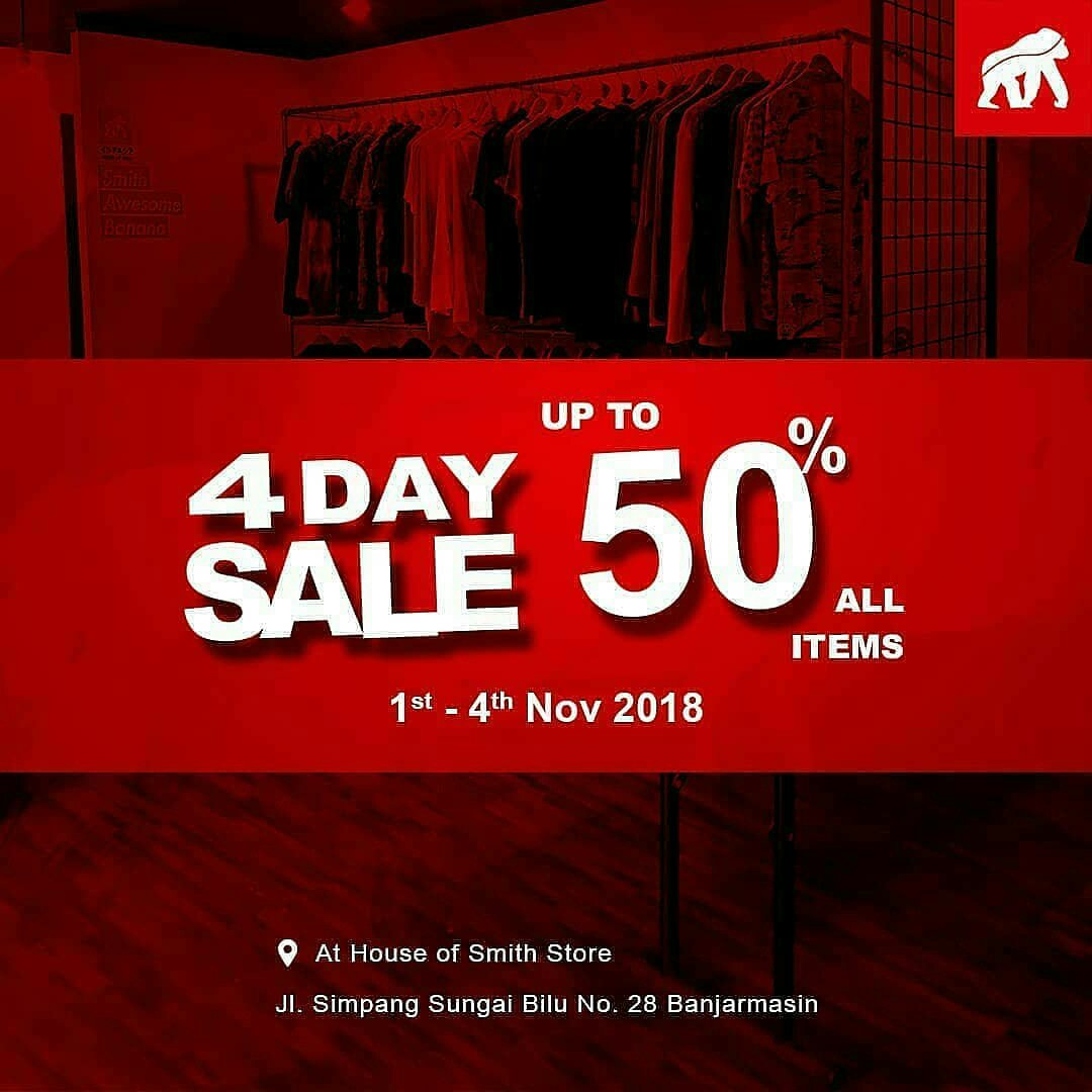 aboutsmithBJM's tweet image. 4 DAY SALE up to 50% ALL ITEMS !!
Catat tanggal nya
Dari 1-4 NOVEMBER 2018
Hanya di:
Jl. Simpang Sungai Bilu No. 28 Banjarmasin
Jangan sampai ga dateng ya #smithfriends !! #iWearsmithtoday 
#kesmithyuk 
#smith4daysale
#banjarinfo 
#banjarmasin