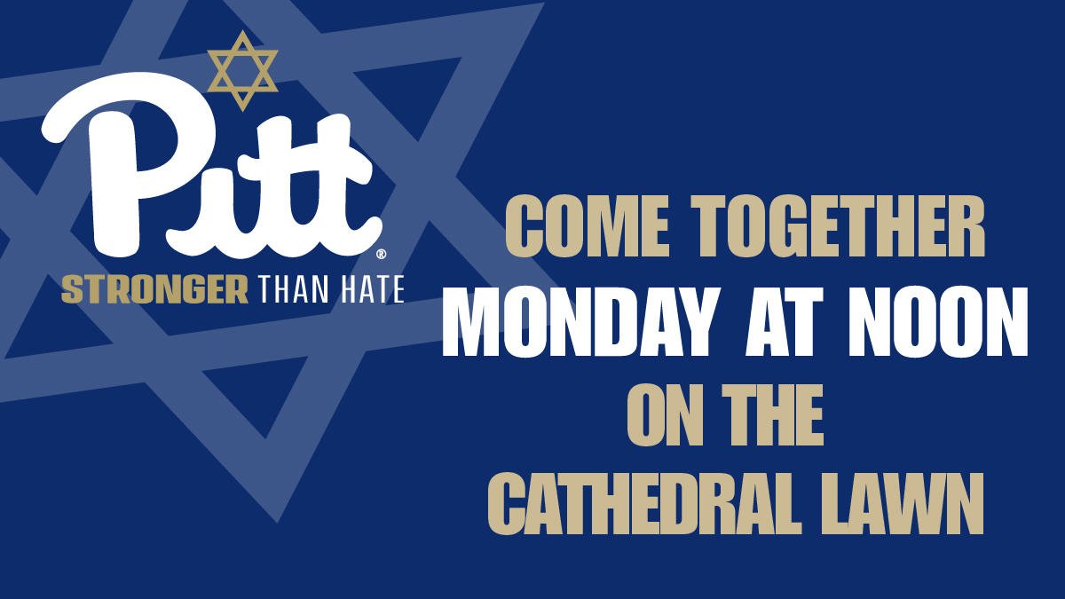 On Monday, our Pitt family will gather at noon on the Cathedral lawn to pay tribute to the victims of the Tree of Life massacre. Join us in support of our community. bit.ly/2zlEDB5