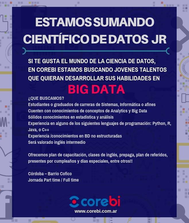 ¡Súmate a nuestro equipo de Córdoba! Envíanos tu CV a rrhh@corebi.com.ar

#DataScience #DataScientist #cientificodedatos #bigdata