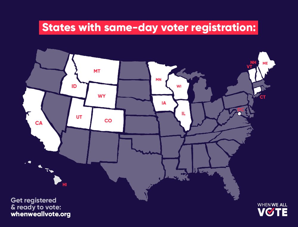 KamalaHarris's tweet image. Spread the word: voters in these states have the opportunity to register in person on Election Day.