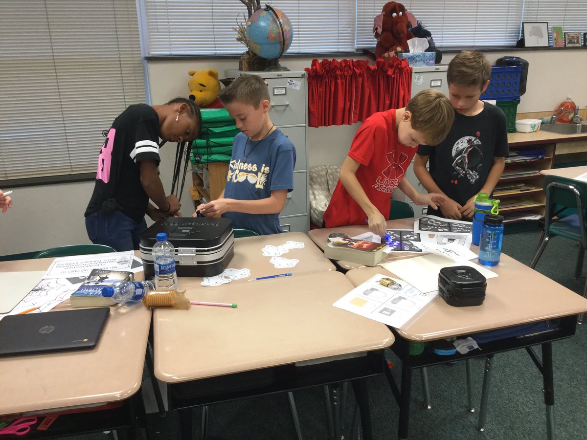 EllisonPRIDE's tweet photo. When our field trip is canceled due to predicted thunderstorms (that didn’t show up) we improvise in the classroom by doing BreakOut boxes and math on our desks! #makelearningfun @PowhatanES #PESempowered #wearepowhatan https://t.co/vVIESLUmCR