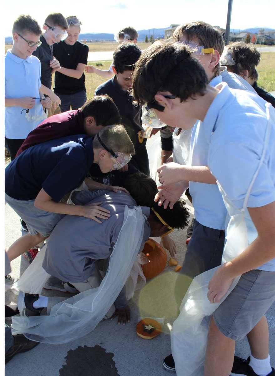 Mr. Willis's 7th grade Core Science classes took advantage of the nice weather today by heading outdoors for an explosive experiment! They used a chemical reaction (performed by Mr. Willis) to "carve" out pumpkins, it was a blast! 🎃