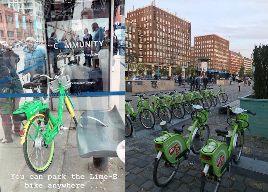 damier247's tweet photo. I saw a #LimeE left on a @calgarytransit platform this morning. Just saw the left pic on an IG. There is need for a solution to this (it could be left on the transit track) Pic on the right I took in Budapest where they have docking stations. #yycbike #yyccc #calgary @bikecalgary https://t.co/1TMY9HxfUB