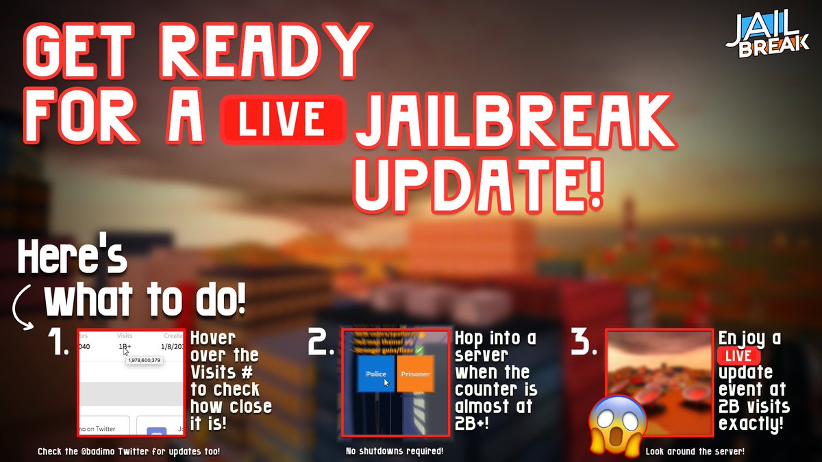 Badimo Jailbreak On Twitter Get Ready For An Update Unlike Any Other On Roblox 2b Visits On Jailbreak And It Triggers Automatically Details Below Also There S A New Vehicle This - roblox jailbreak live count