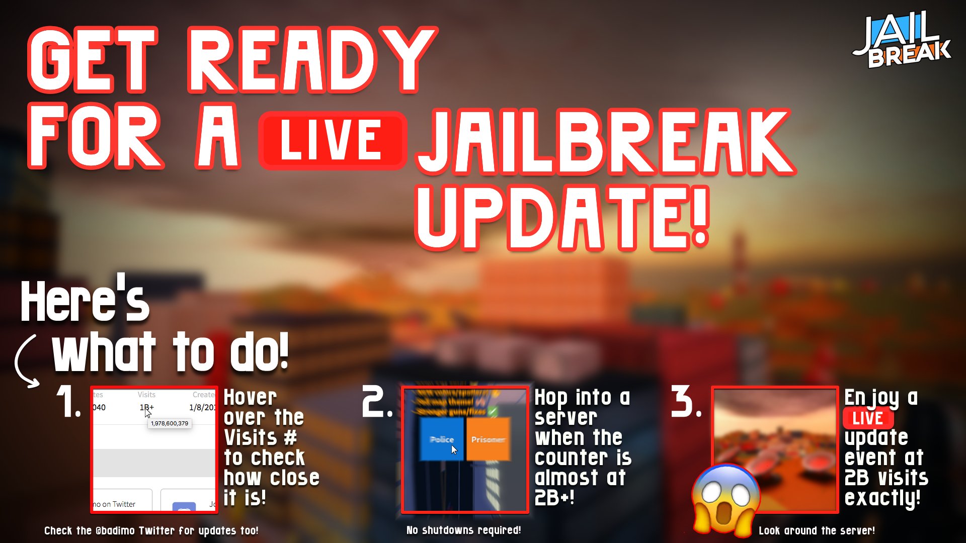 Badimo On Twitter Get Ready For An Update Unlike Any Other On Roblox 2b Visits On Jailbreak And It Triggers Automatically Details Below Also There S A New Vehicle This Update - roblox twitter badimo