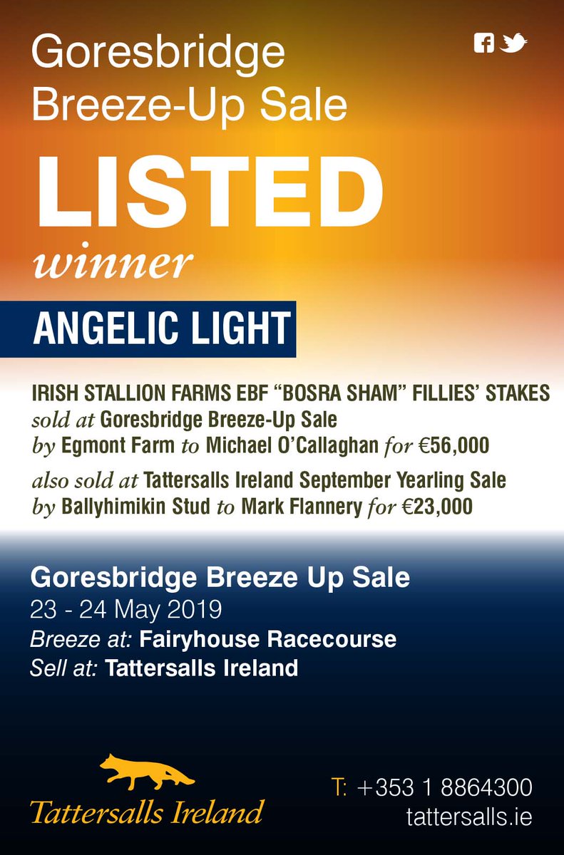 EBN (@bloodstocknews) on Twitter photo Stakes success for <a href="/Goresbridge2yos/">Goresbridge BreezeUp</a> and @tatts_ireland as dual graduate ANGELIC LIGHT wins the <a href="/IrishEBF_/">Irish Stallion Farms</a> "Bosra Sham" Fillies' Stakes. Don't miss the Goresbridge Breeze Up Sale, 23-24 May 2019 <a href="/Fairyhouse/">FairyhouseRacecourse</a> - sell at Tattersalls Ireland #readallaboutit Stakes success for <a href="/Goresbridge2yos/">Goresbridge BreezeUp</a> and @tatts_ireland as dual graduate ANGELIC LIGHT wins the <a href="/IrishEBF_/">Irish Stallion Farms</a> "Bosra Sham" Fillies' Stakes. Don't miss the Goresbridge Breeze Up Sale, 23-24 May 2019 <a href="/Fairyhouse/">FairyhouseRacecourse</a> - sell at Tattersalls Ireland #readallaboutit
