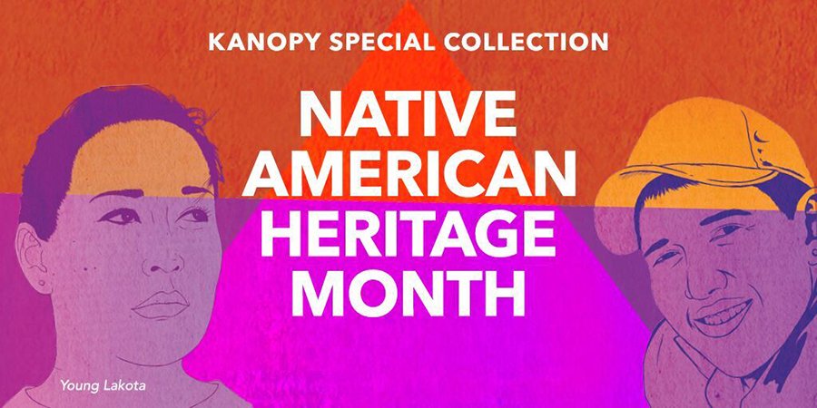 a graphic announcing native american heritage month with two ilstrustions of natve american people