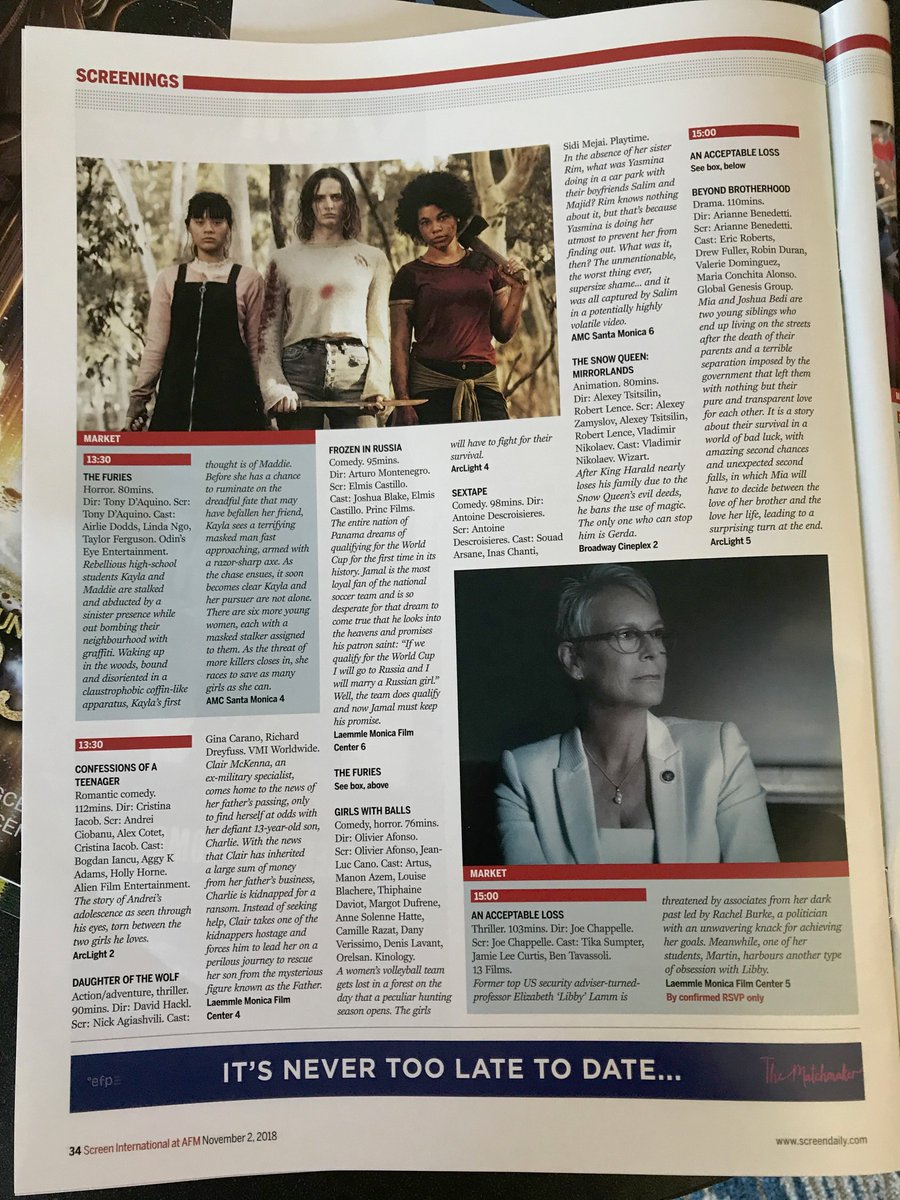 FilmDistillery's tweet image. The Furies is at the @AFMOFFICIAL this week in Santa Monica. Here we are featured in @Screendaily sharing a page with the horror legend herself, @jamieleecurtis! 

#AFM #jamieleecurtis #TheFuries #Horror #Odinseyeentertainment #screencanberra #finalgirl #AustralianFilm