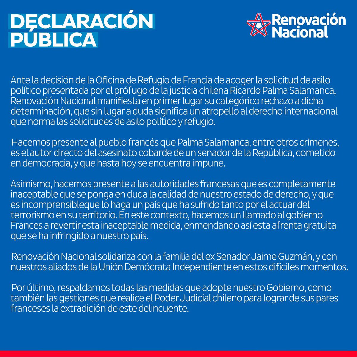 RNchile's tweet photo. 🔴DECLARACIÓN PÚBLICA
Ante la decisión de la Oficina de Refugio de Francia de acoger la solicitud de asilo político presentada por el prófugo de la justicia chilena Ricardo Palma Salamanca, Renovación Nacional declara lo siguiente: https://t.co/F5C9tblBsm https://t.co/C1kw9X7tP8