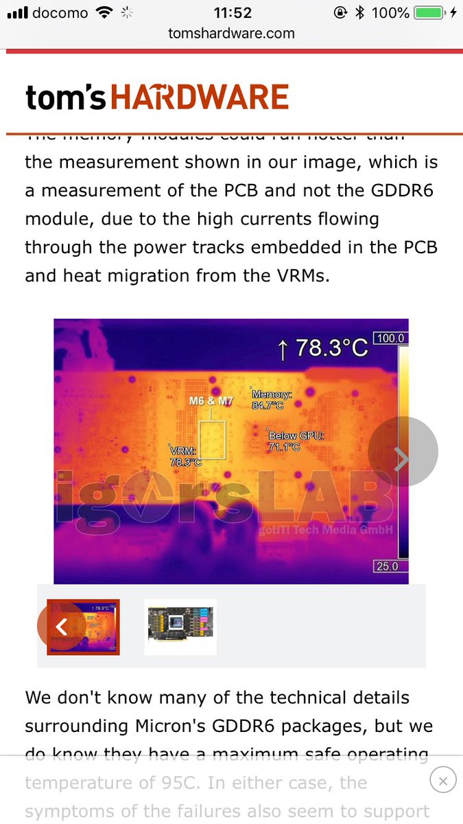 Pc修理廃人 Rtx80tiのgddr6ってかなり熱くなるんだな Micronのデータシートによるとgddr6は0 95度が動作範囲のようだけどrtx80tiのメモリー温度は80度やら90度と範囲ギリギリでかなり高いな 壊れるのも納得 ただメモリーが熱で死ん