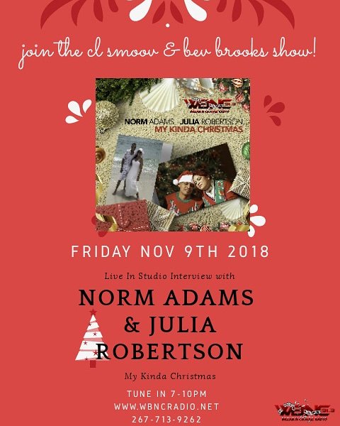 Hazelbriteyes's tweet photo. Today was the official release of "My Kinda Christmas" by Norm Adams &amp; Julia Robertson. Get it on all digital outlets. Tunein Nov 9th 7 to 10 PM on The CL Smoov &amp; Bev Brooks Show for an in studio Live interview. https://t.co/hB3HRFtHrj  WBNC BREAK-N-CHAINZ RADIO https://t.co/X0wnjjp4NY