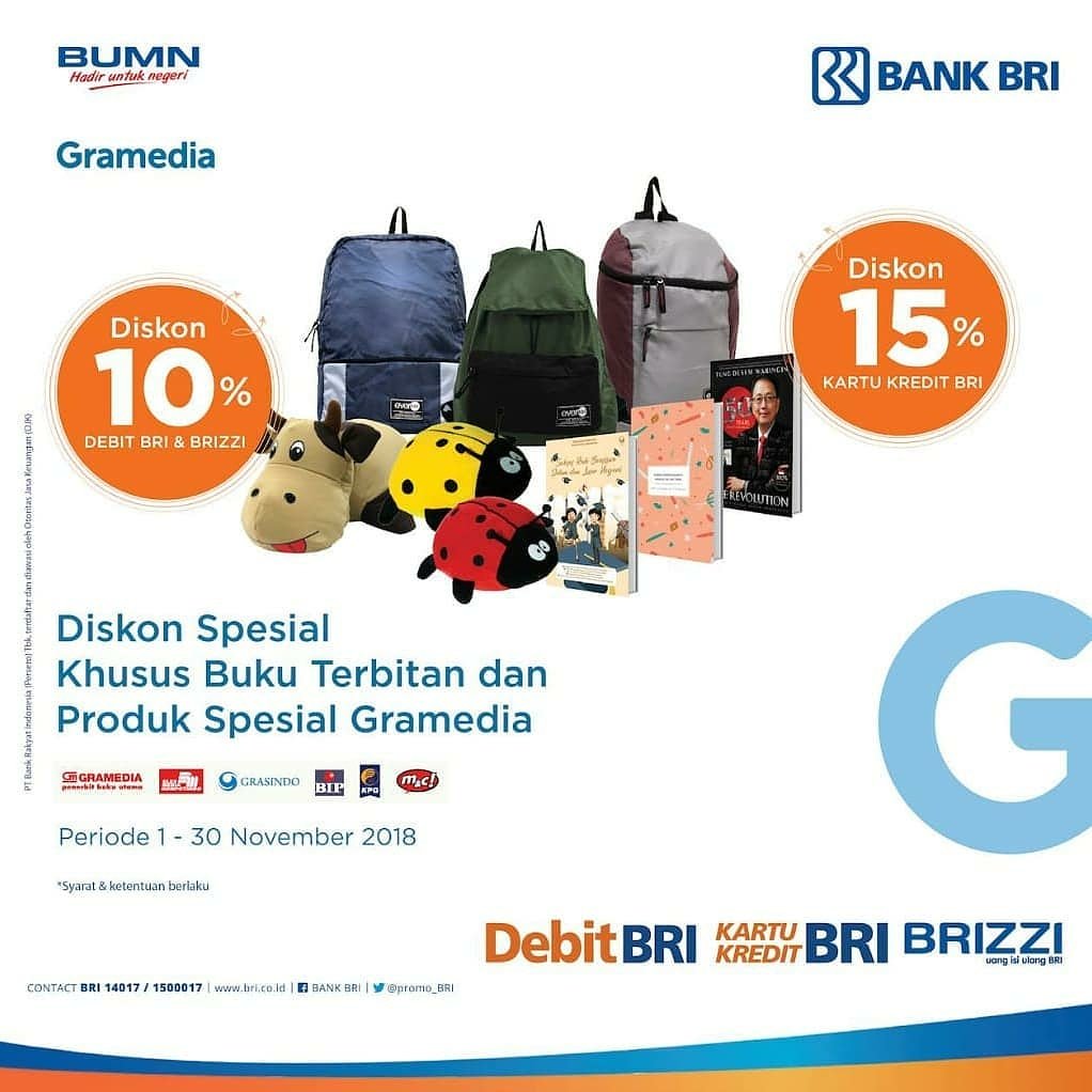 Hy Grameds! Kali ini Gramedia memberikan inspirasi dan kejutan menarik Diskon spesial 10% bagi pengguna kartu Debit BRI &amp; BRIZZI , serta diskon spesial 15% bagi pengguna kartu Kredit BRI. Diskon yang berlangsung khusus buku terbitan Kompas Gramedia! Langsung ke <a href="/gramediapwkerto/">gramediapurwokerto</a>