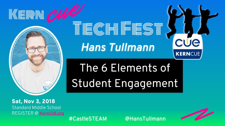 HansTullmann's tweet photo. Whoa! Just found out I get to present at the @KernCUE Tech Fest tomorrow morning at Standard Middle School! Come check out "The 6 Elements of Student Engagement" in room 405 at 10:00am! #KernCUE #WeAreCUE #CastleSTEAM #WeArePBV https://t.co/XfVQIIO7kp