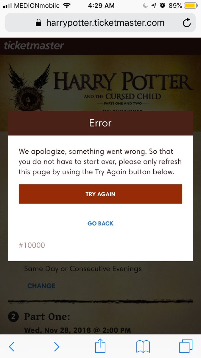 Endless_Fighter's tweet photo. @TicketmasterCS this has been happening for the last 3 days as soon as I click ANY day for cursed child tickets... tried laptop and mobile and deleted cookies, no use 😕 https://t.co/zjeMGZQ5Em