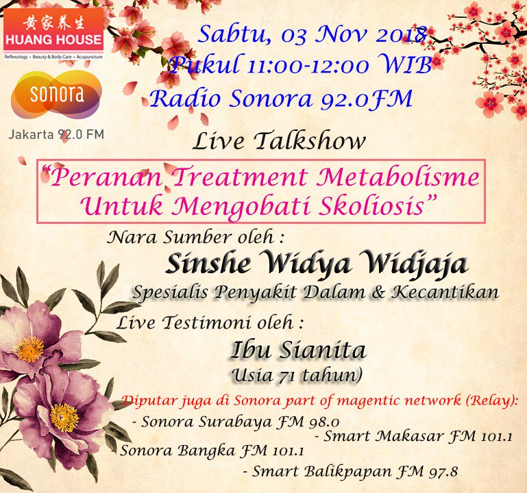 SonoraFM92's tweet photo. LIVE. #TalkshowSonora bersama @HuangHouse tentang peranan treatment metabolisme untuk mengobati skoliosis. Sabtu, 3 November 2018, hingga pukul 12.00 WIB di Radio Sonora. https://t.co/lQXYA15ARC