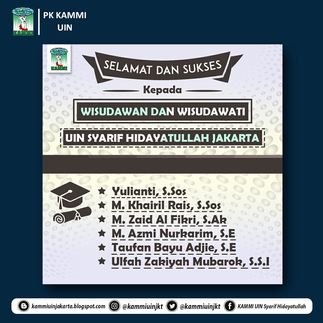Barakallahu fii ilmik untuk kakak-kakak KAMMI UIN Jakarta. Semoga kontribusi kakak di kampus dan juga di KAMMI UIN dapat menjadi insporasi bagi adik-adiknya kelak.

Semoga ilmunya berkah dan bermanfaat bagi agama, nusa dan bangsa. Selamat!