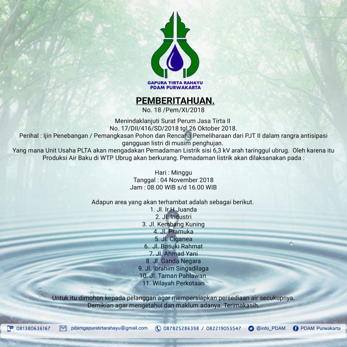 pemberitahuan dinten minggu 4 november 2018 pkl 08.00-16.00 wib