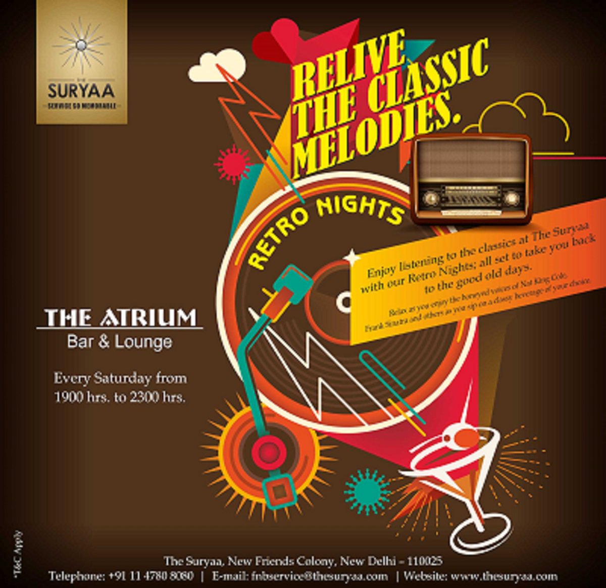 End the weekend on the right note by reliving in the classy melodic nostalgia! Enjoy the evergreen retro music at #TheAtrium #Lounge & #Bar every Saturday
Hurry Book your tables now: bit.ly/2JyyxC9 
Call for Reservations - +91 1147 8060 
#Retronights #Classicmelodies