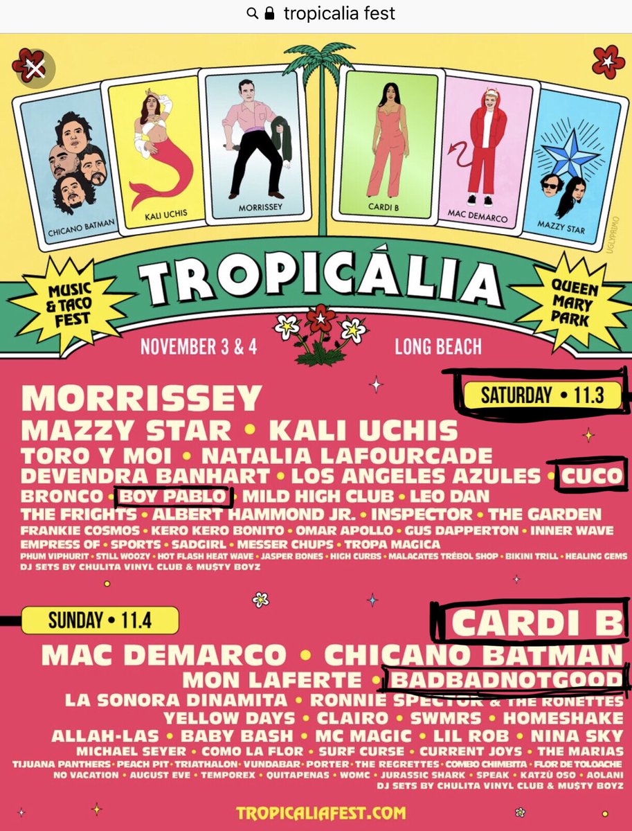 DavidGitlis's tweet photo. @Tropicalia_Fest CARDI B Cancelled ///  BADBADNOTGOOD Cancelled ///  CUCO Cancelled ///  BOY PABLO Reschedules on Sunday /// GOOD JOB @Tropicalia_Fest &amp; @goldenvoice https://t.co/s6ol9a0UYU