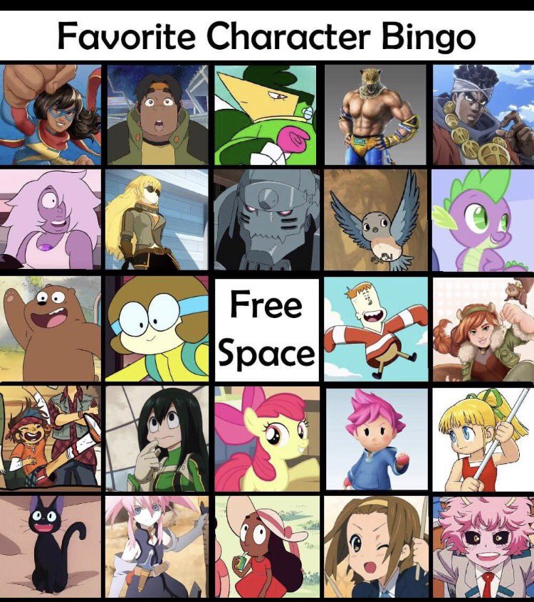 LittlexUrsa's tweet photo. Since I've seen a few others share this lovely bingo card (and I shared it with some amigos), here it is again.

What can I say? I love badasses, genki girls, voices of reason, and big dumb idiots. #characterbingo https://t.co/bRtUPQsftV