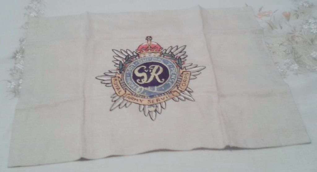 We have some wonderful things donated to us or discovered during house clearances. Here's a vintage military serviette from the Royal Army Service Corps.