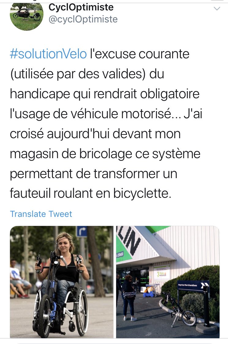 “Je n’ai qu’un pied et ne peux donc pas faire du vélo”.Même sans jambes vous pouvez faire du vélo: sur une chaise se clipsant sur une roue de vélo (à gauche via  @cyclOptimiste). Mais pour vous, il suffit d’une simple adaptation de votre pédale (à droite via  @mydjey).  #handicap