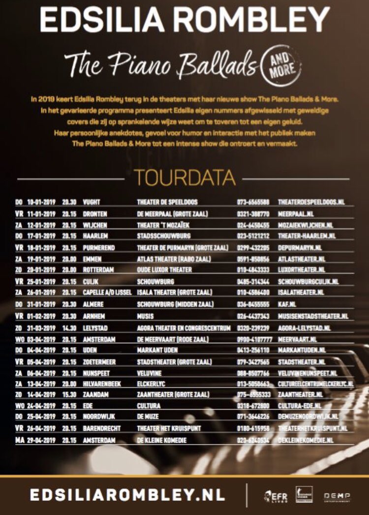 EdsiliaRombley's tweet photo. Nog 2 maanden te gaan en dan start ik met mijn theatertour 'The Piano Ballads and More'!! 
Check https://t.co/89VVu0DByx voor de agenda &amp; tickets 👀🎤🎹🎼 https://t.co/fkvSngbflG