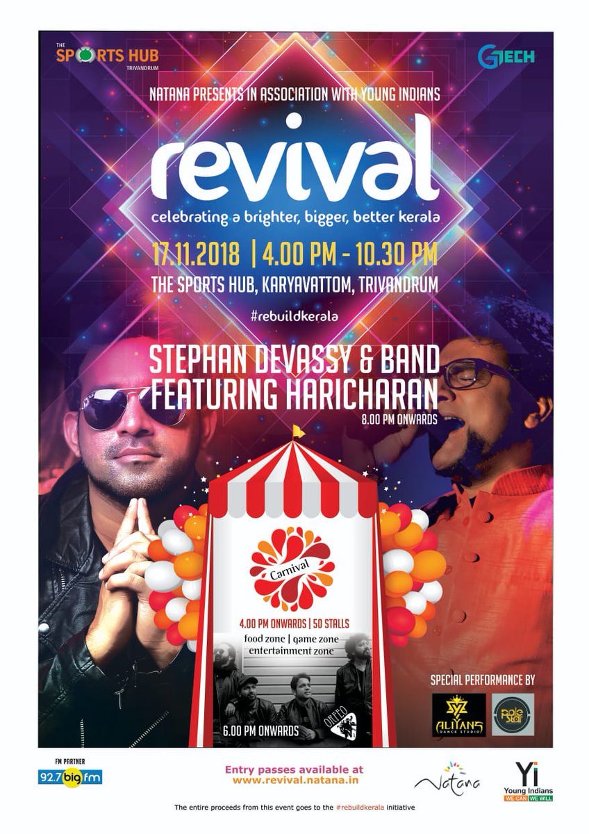 GTechIndiaOrg's tweet image. It&apos;s happening.. #revival  at your doorstep. Let&apos;s celebrate the revival of Kerala after the  floods! 17.11.2018 | The Sports Hub, Trivandrum from 4.00 PM onwards.  Event Website:  revival.natana.in The entire proceeds from this event goes to the #rebuildkerala initiative.