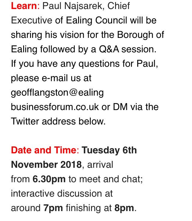 GeoffLangston's tweet image. @chatnmeetcoffee @iconiccreative Join us for @EalingBForum on Tuesday 6th November and hear Paul Najsarek, Chief Executive of Ealing Council, sharing his vision for Ealing, and your chance to ask him a question about issues that affect you as an Ealing community member.