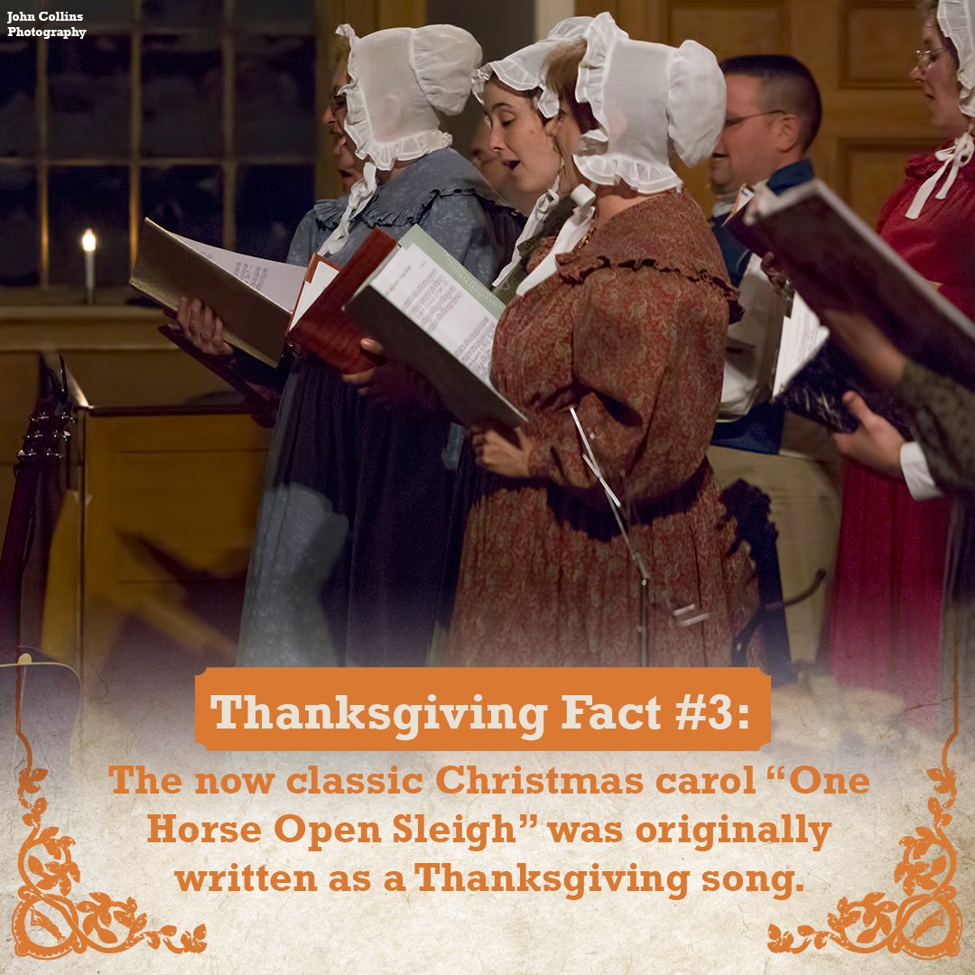 oldsturbridge's tweet photo. Thanksgiving Fact #3: The now classic Christmas carol “One Horse Open Sleigh” (also known as “Jingle Bells”) was originally written as a Thanksgiving song in the 1850s. https://t.co/r5urSWVg0X