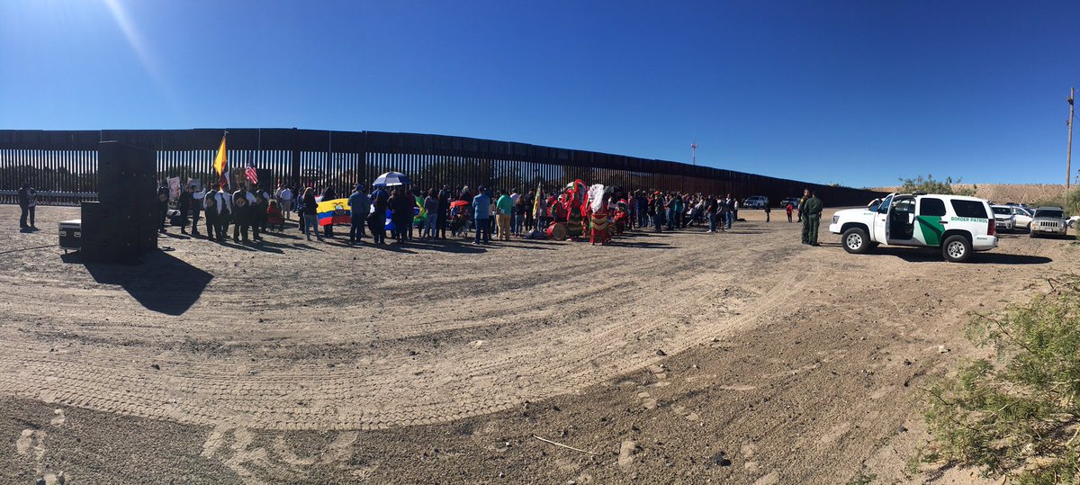 tristan_claudia's tweet photo. A much smaller group of #BorderPatrol agents are present for the #BorderMass than compared to the #HugsNotWalls event from a few weeks ago. There is also a much smaller crowd present, and the gate was not opened at this event. https://t.co/PVahPGb3CO