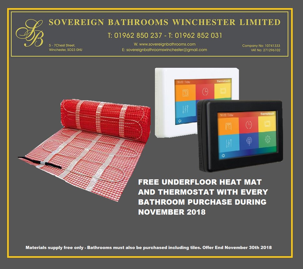 November 2018 Offer!
We are giving away free supply of an underfloor heat mat and touch screen  thermostat with any purchased bathroom or en suite!*
*terms apply. contact sovereignbathroomswinchester@gmail.com for more information.
sovereignbathrooms.com