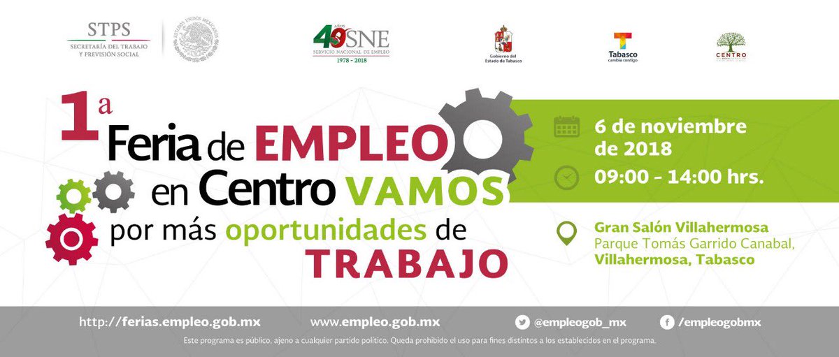 Este martes 6 de noviembre asiste a la 1era Feria del Empleo “En Centro Vamos por más oportunidades de trabajo” de 9 a 14 hrs en el Gran Salón Villahermosa ubicado al interior del Parque Tomás Garrido. 
¡Te esperamos! <a href="/OficialCentro/">Oficial del Centro</a> <a href="/ComSocialCentro/">Com. Social Centro</a> <a href="/EvaristoHdzCruz/">Evaristo Hernández Cruz</a>