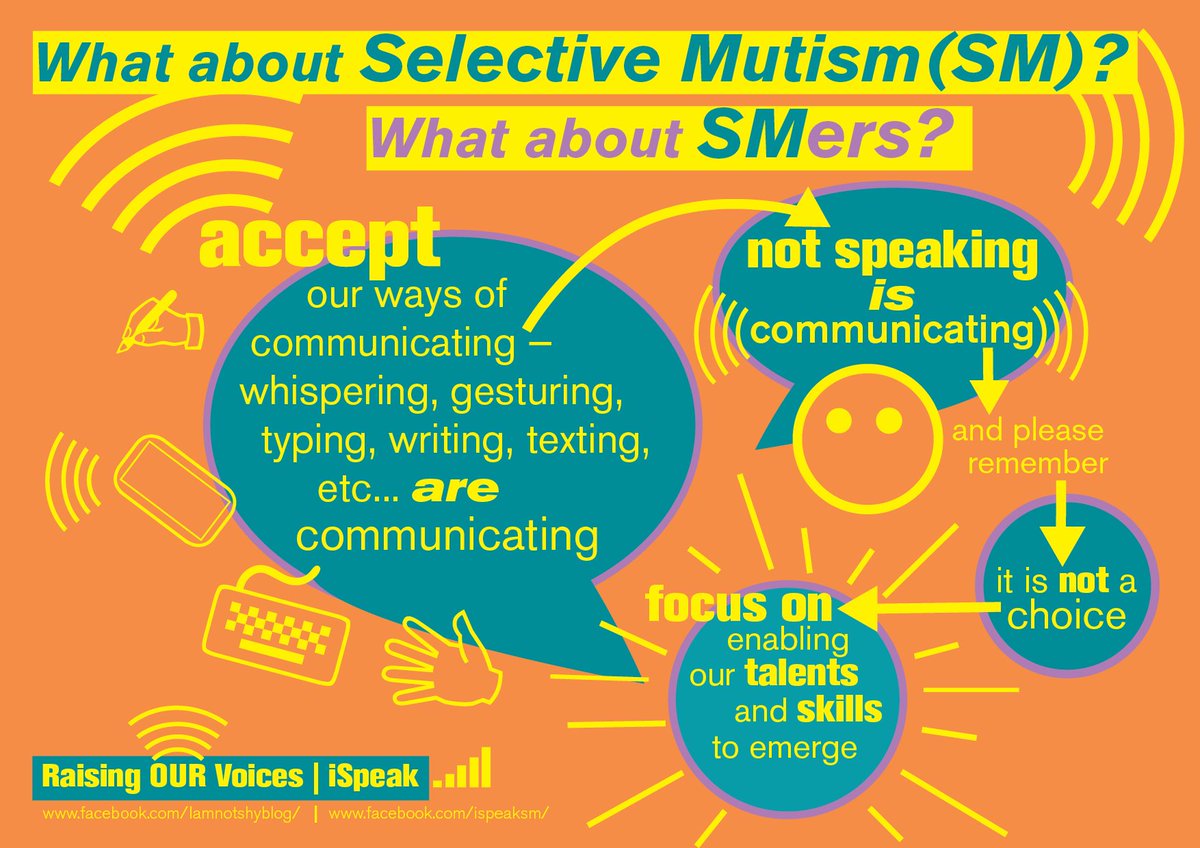 #selectivemutism is #communication 
What about SM? What about SMers?
Accept our ways of communicating — whispering/gesturing/typing/writing/texting/etc are communicating
Not speaking IS communicating
Remember — SM is NOT a choice
Focus on enabling out talents &amp; skills to emerge!