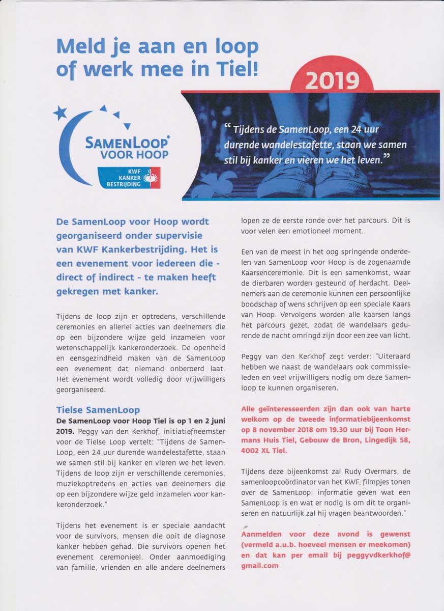 ArjovB's tweet image. Help jij mee met de #KWF #SamenLoop voor Hoop #Tiel? Wij organiseren donderdag 8  november een informatieavond in Toon Hermans Huis Tiel. Interesse? Geef je op via peggyvdkerkhof@gmail.com