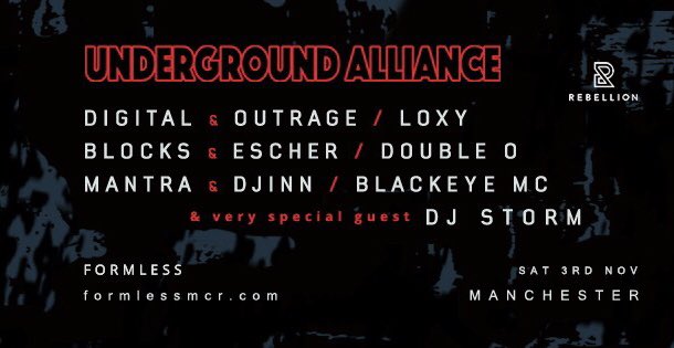 Tonight !!#UndergroundAlliance Manchester. We come together for <a href="/duncanspirit/">Spirit</a>... <a href="/digital/">DIGITAL</a> <a href="/OutrageBeats/">Outrage</a> <a href="/Loxycylon/">Loxy</a> <a href="/djstormdnb/">djstorm</a> <a href="/theescher/">Escher</a> @DUBZLO <a href="/mantra_dj/">Mantra</a> @djinn_dj <a href="/blackeyelab/">Blackeye MC</a> 23:00 - 05:00

Advance tickets £10 + BF on sale until 9:30pm  skdl.co/d0jbNWLuDQ