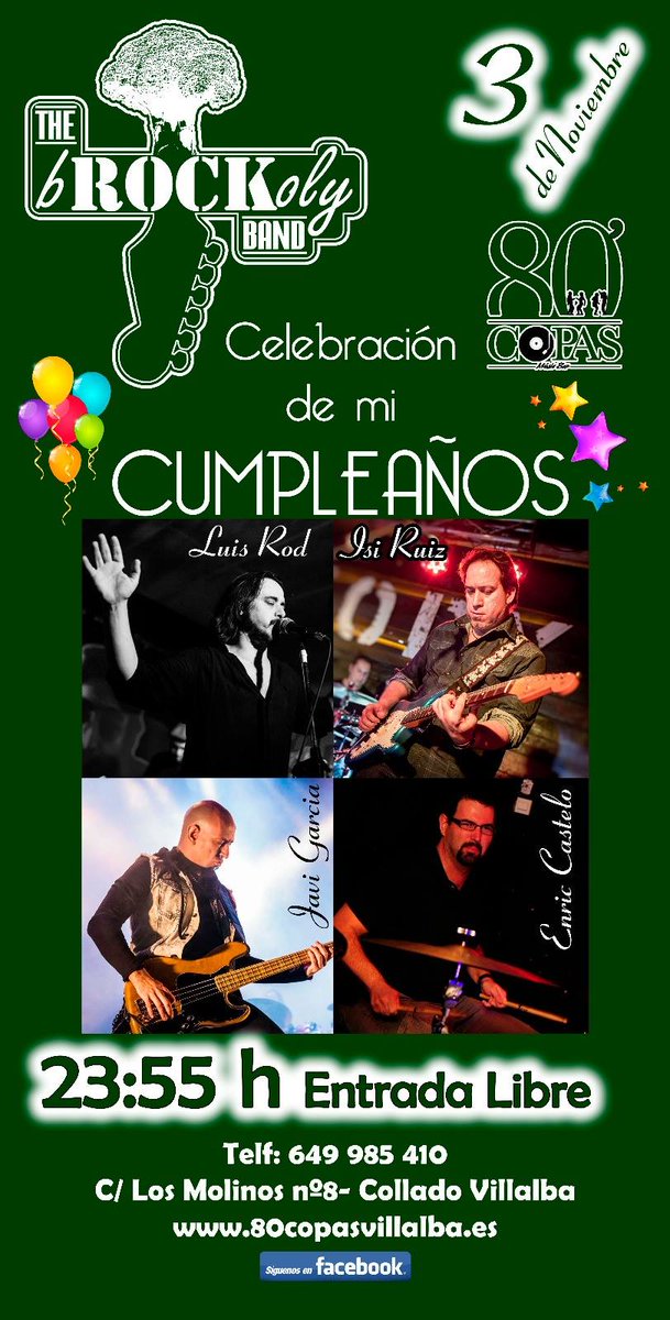 #Concierto en <a href="/80copas/">Sala 80' Copas</a>: Hoy sábado 3 de noviembre, a partir de las 12 de la noche, The bROCKoly band.
Buena #musicaenvivo con una #Copa.
#EntradaLibre.
#TheBrockolyBand #ColladoVillalba #SalirDeCopas
80copas.es/?e=181103a