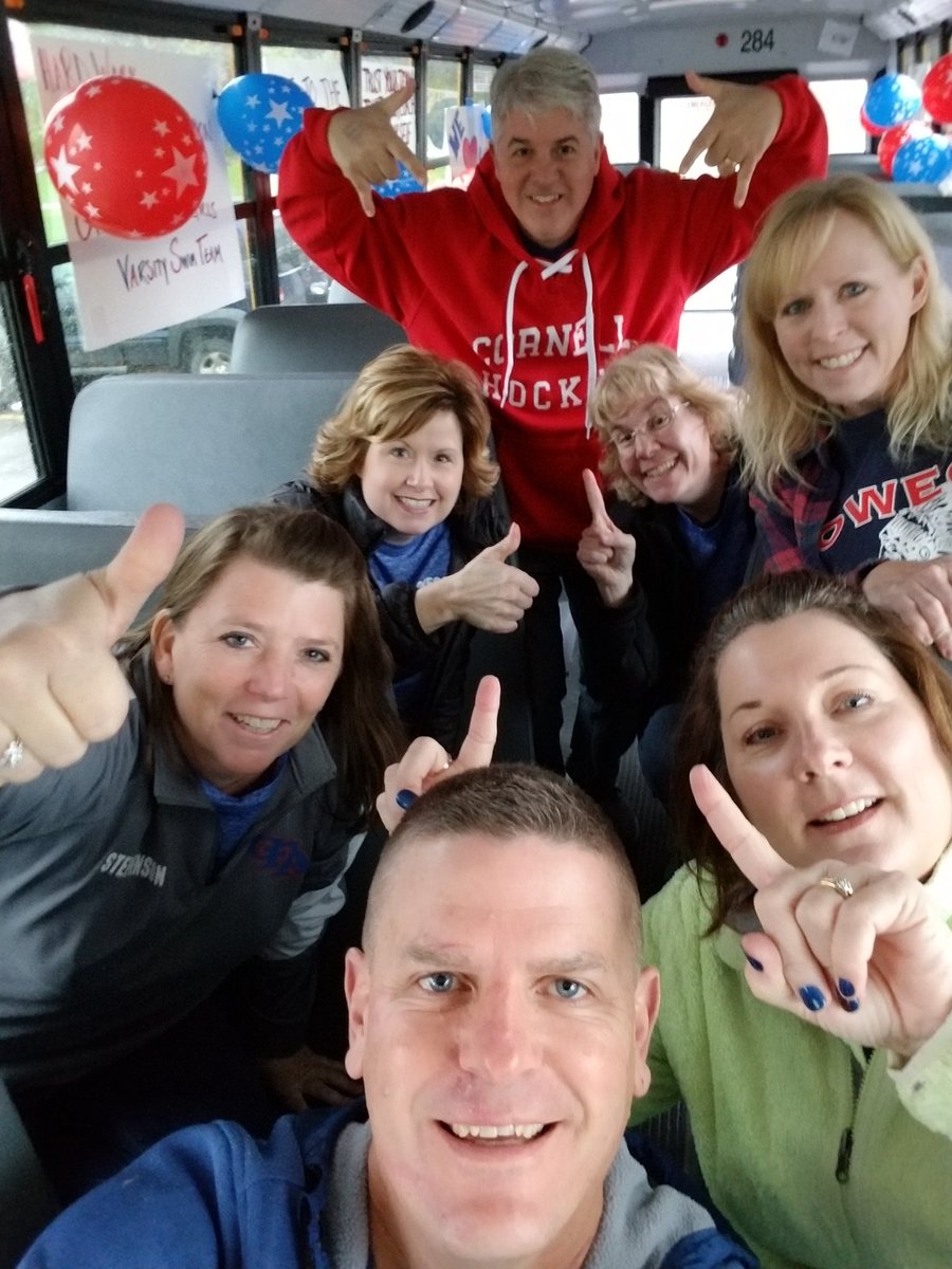 Emmas1Dad's tweet photo. @OFAAthletics1 Bus is decorated! Girls are ready! Watkins Glen here we come! Girls Varsity Class B Swimming and Diving finals 1:00. We are bringing the title home to Owego!!! Let's GO OWEGO!!! WE ARE THE INDIANS!! #OFAPROUD #2018BELIEVE https://t.co/czXmOjDNP8