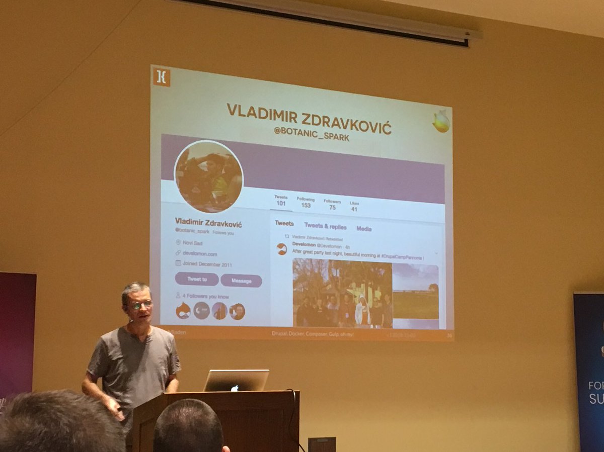 Develomon's tweet photo. Our own @botanic_spark receiving credits from @MacMladen for Docksal advices at #drupalcamppannonia “Drupal, Docker, Composer, Gulp, oh my!” presentation https://t.co/eVcMNkgS52