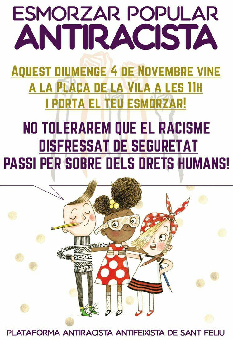 redondo_mar's tweet photo. Esmorzar popular antirracista 🔊🔊🔊 Diumenge 4 de novembre a les 11:00h a la Plaça de la Vila #SantFeliu https://t.co/WesymRII89