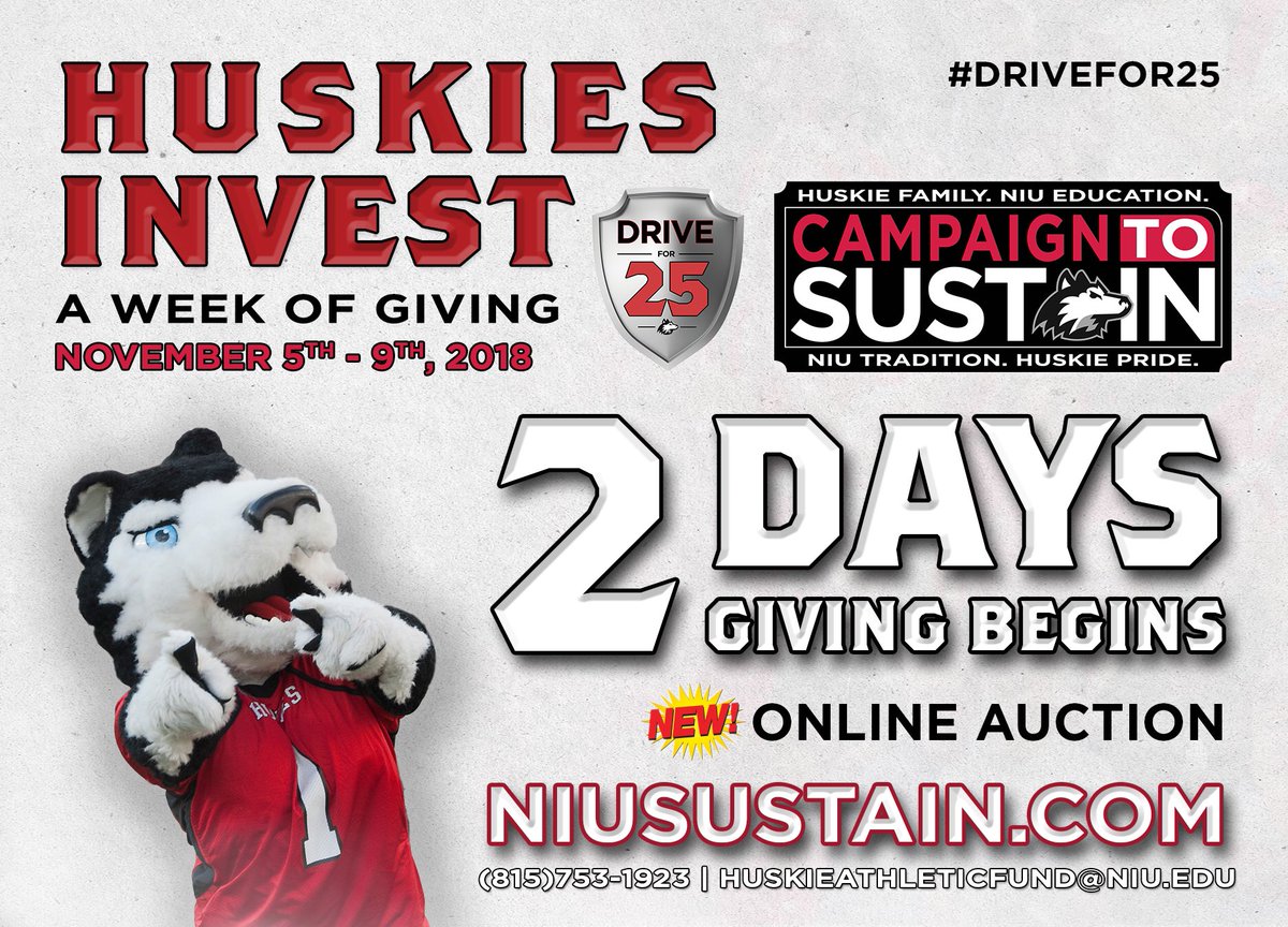 Huskie Athletic Fund (@niuhuskiefund) on Twitter photo Huskie Nation, there are TWO days left until Huskies Invest begins!
<a href="/NIUAthletics/">NIU Athletics</a> biggest need this year is unrestricted funds - however, you can donate to any program, scholarship, facility project you want. #DriveFor25 Huskie Nation, there are TWO days left until Huskies Invest begins!
<a href="/NIUAthletics/">NIU Athletics</a> biggest need this year is unrestricted funds - however, you can donate to any program, scholarship, facility project you want. #DriveFor25