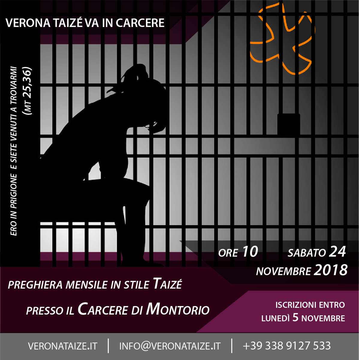 VeronaTaize's tweet photo. Verona Taizé va in #carcere!
Sabato 24 Novembre alle ore 10 portiamo il messaggio di #Taizé di #ecumenismo, #dialogo e gioventù oltrepassando le #sbarre del #CarcereDiMontorio (VR), incontrando la sezione #femminile.
Iscrizioni entro lunedì 5 Novembre (per questioni di sicurezza) https://t.co/7ZTLUbGxDc