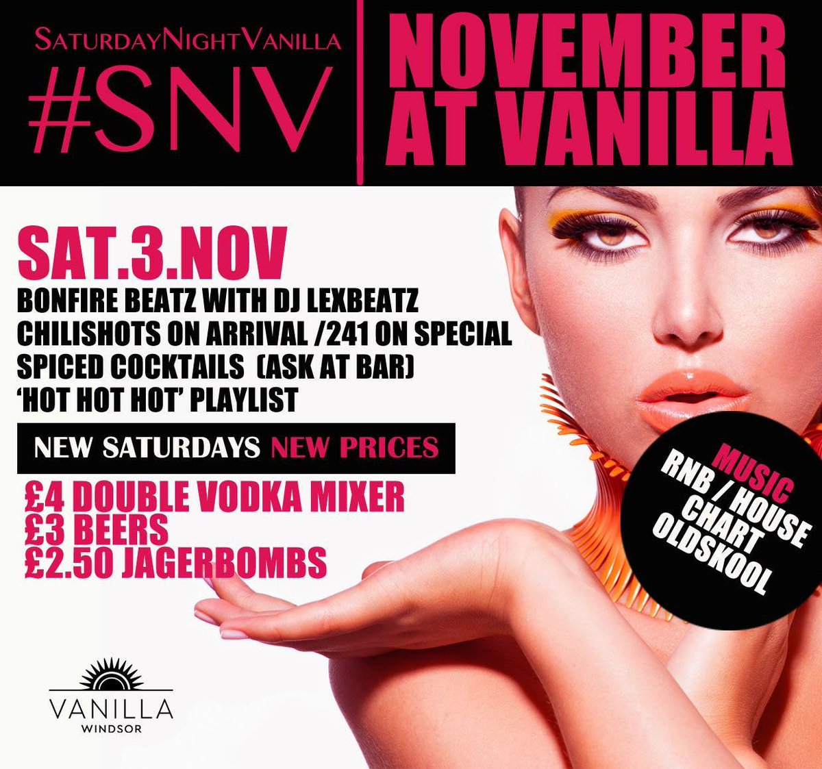 #SNV <a href="/VanillaWindsor_/">Vanilla Windsor</a> tonight! Bonfire special 💥

- £4 Double vodka mixer 🍹
- £2.50 shots🥃
- Tables starting at £250 spend 🍾

Guestlist &amp; Tables 07827275164 📲