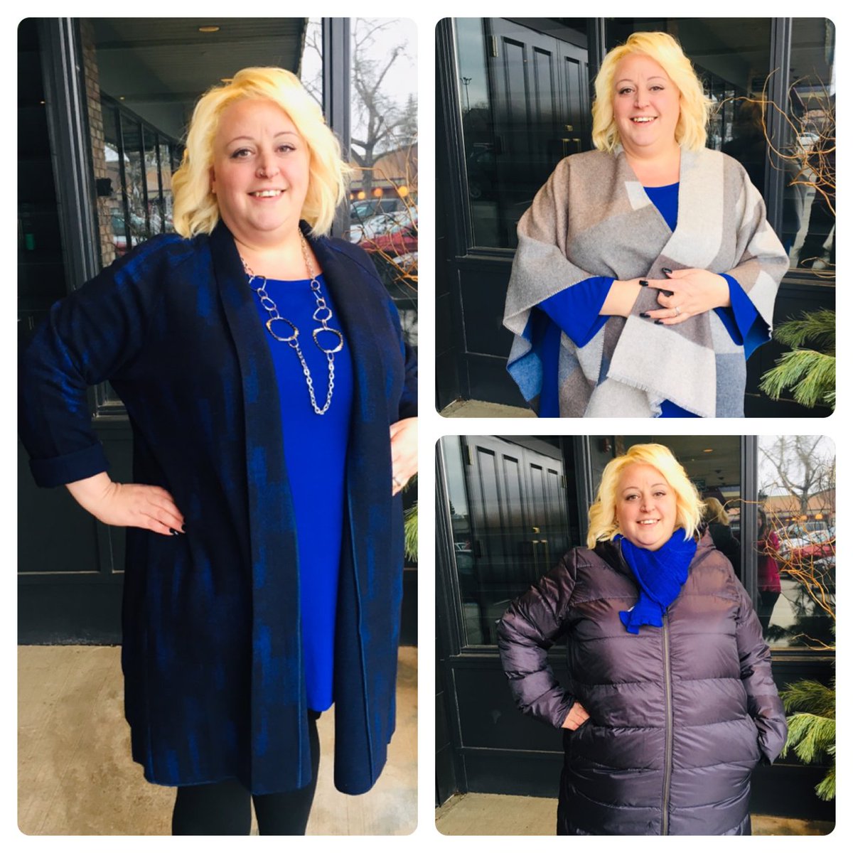 14Addition's tweet image. Feel Royal in Eileen Fisher. 
The long royal and black jacquard coat is amazing and looks stunning with the royal tunic as the accent piece. The Chevron Puffer Coat is in all the magazines as the item to get!! Come check it out this weekend in Fashion Addition 14+ stores
