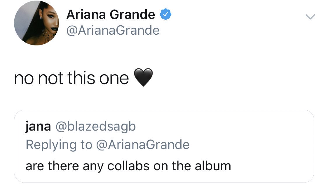 ArianaToday's tweet photo. There are no collaborations on Ariana's forthcoming album, #ThankUNext 🎶 This will be Ariana’s first solo studio album! https://t.co/tB8dcl4AMT